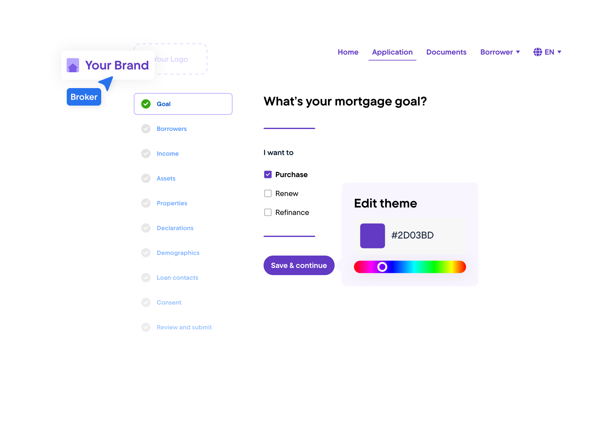 A borrower portal carrying the broker's own branding, shown on desktop and mobile