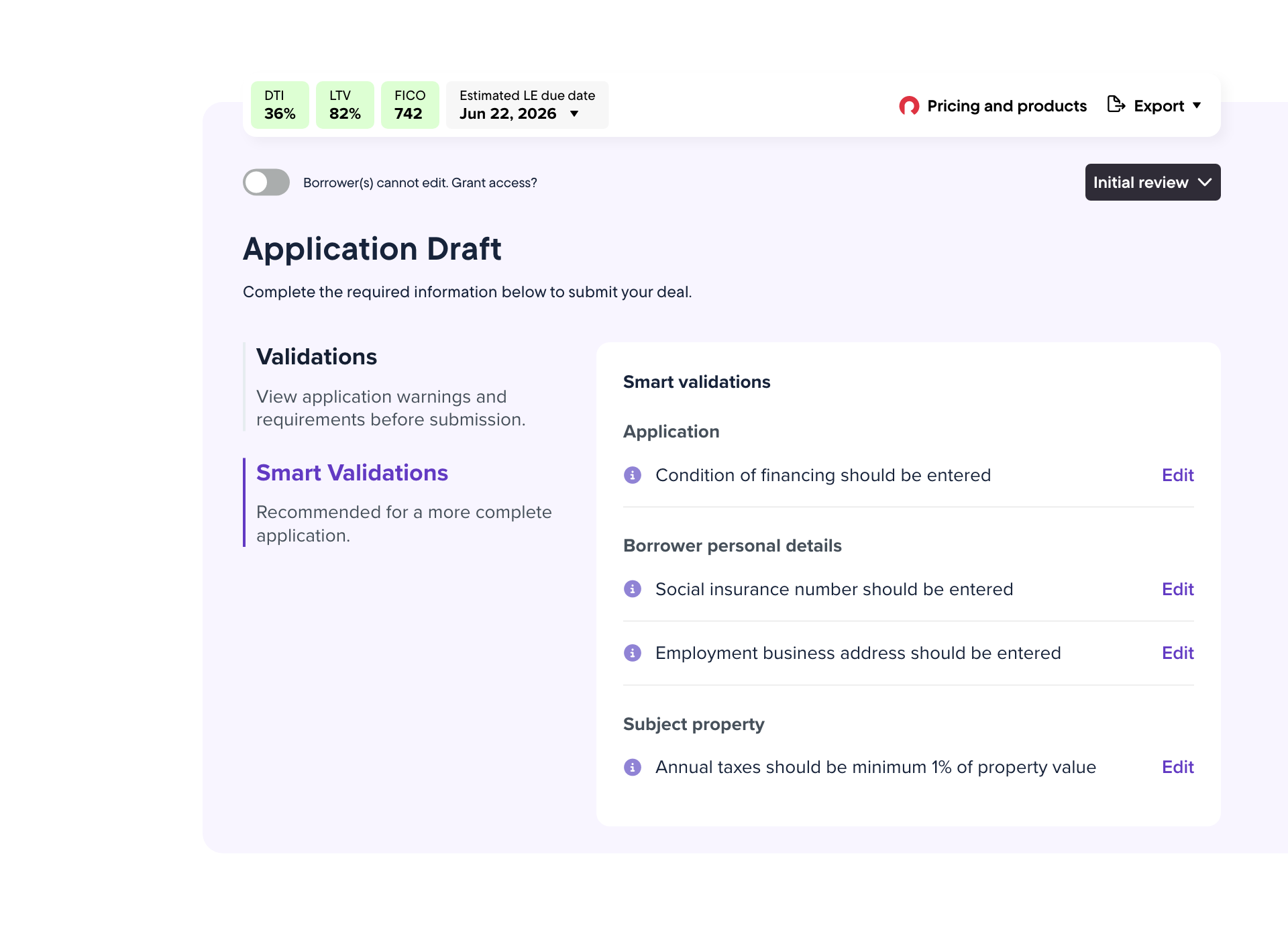 Validation warnings flagging issues in a loan file before it reaches the lender